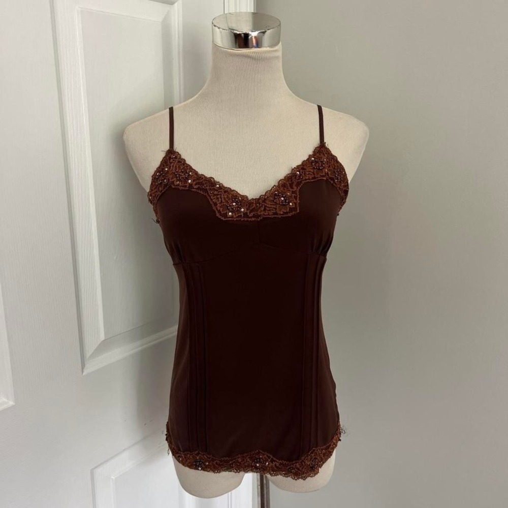 No Boundaries Brown Lace Trim Tank Top